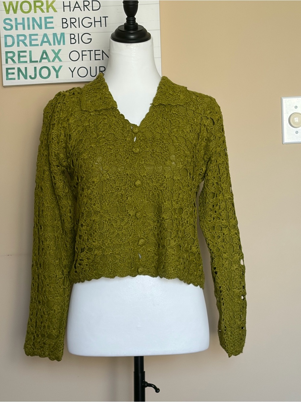 Moda International Olive Green Crochet Button-Front Sweater